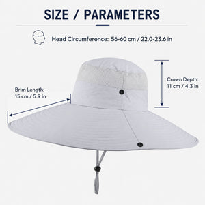 Size parameters image for light gray wide brim sun hat