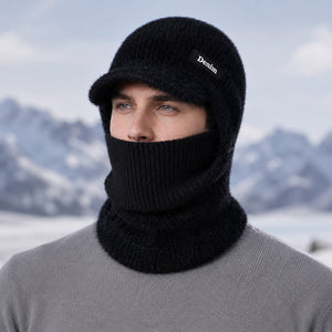 Male model wearing a black knit hooded neck warmer
