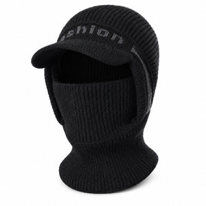 Black men's fleece-lined visor balaclava on white background