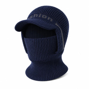 Navy men's fleece-lined visor balaclava on white background