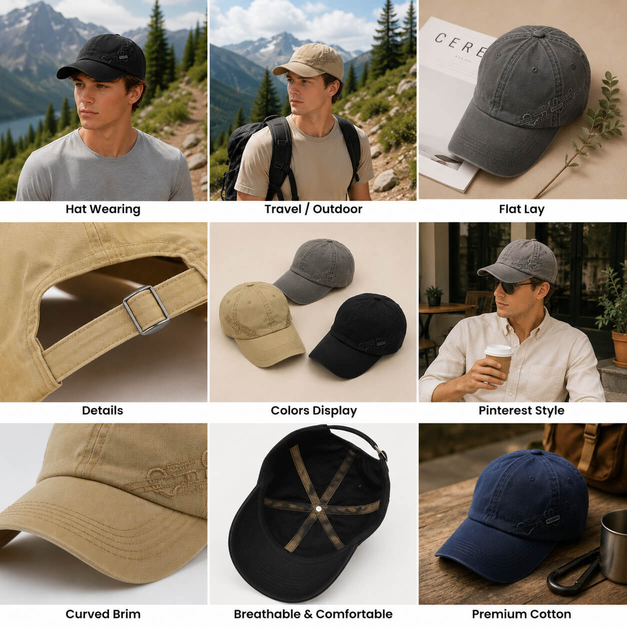 Hat Noble adjustable cotton baseball cap shown with wearing scenes, color options, curved brim, breathable design, and everyday styling details.