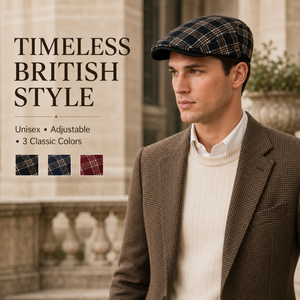 Detailed view of plaid flat cap with cotton blend fabric structured brim comfort lining and side buckles
