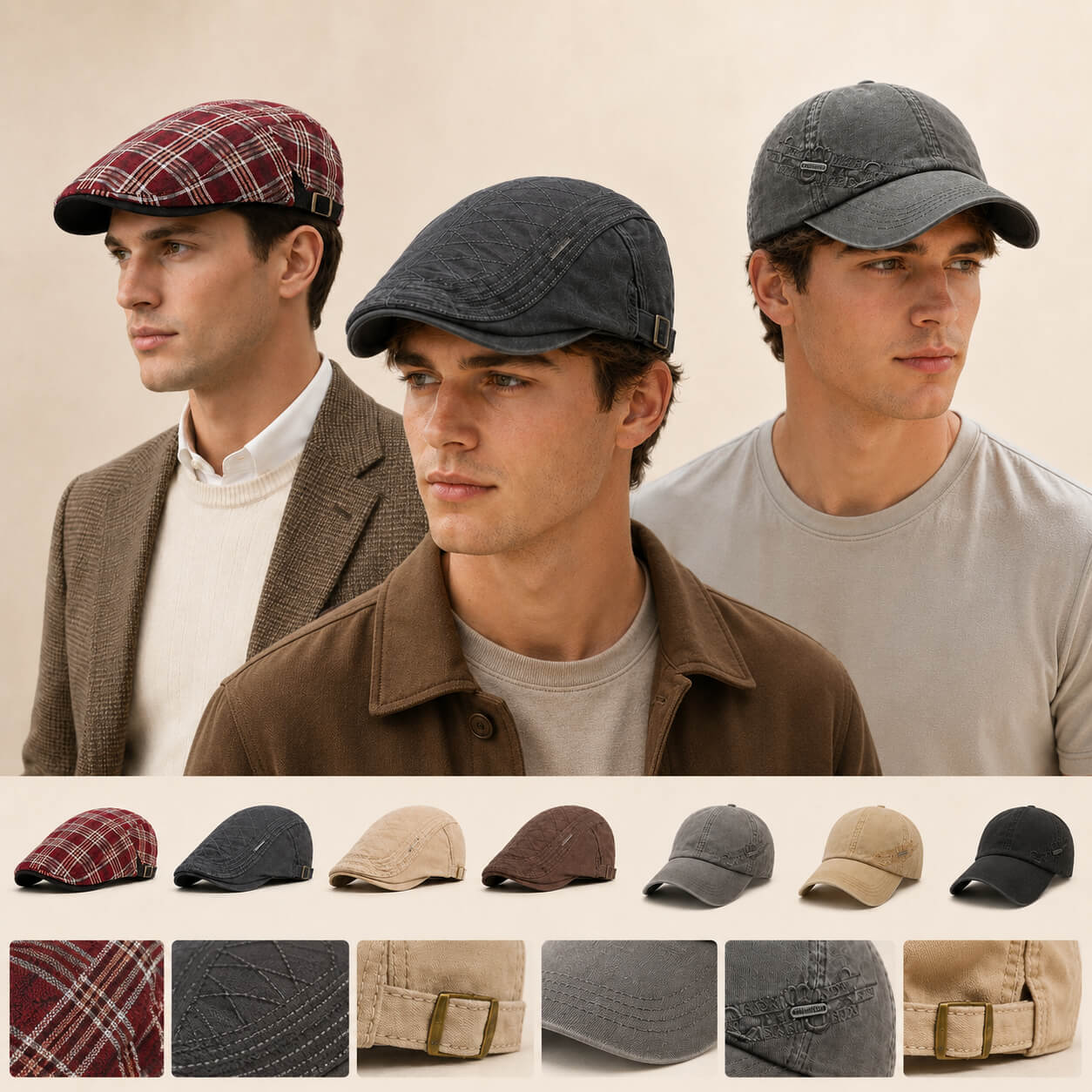 Hat Noble men's vintage flat caps and baseball caps with multiple color options, adjustable buckles, fabric textures, and detailed craftsmanship.