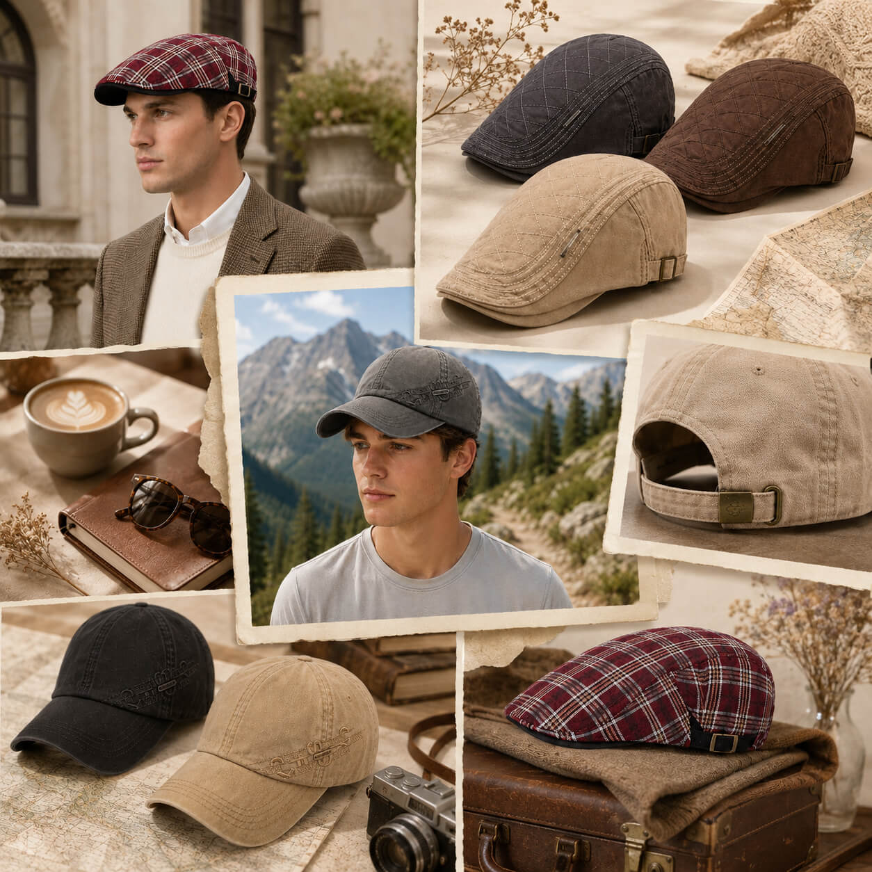 Hat Noble travel lifestyle collage featuring men's vintage flat caps and baseball caps for outdoor adventures, coffee outings, and casual style.