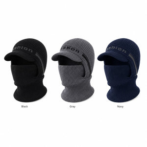 Black gray and navy men's winter balaclavas on white background