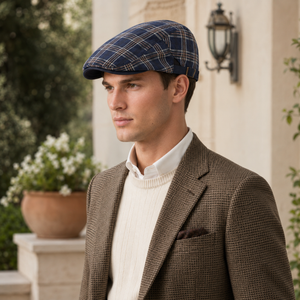Navy vintage British plaid flat cap with adjustable side buckle