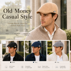 Male model wearing khaki old money flat cap with black, navy and gray styling examples below.