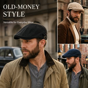 Old-money vintage flat cap styled on men in black, khaki, and navy for smart casual everyday wear