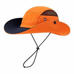 Orange outdoor sun protection bucket hat with wide brim, breathable mesh panel, and adjustable chin cord on a clean white background.