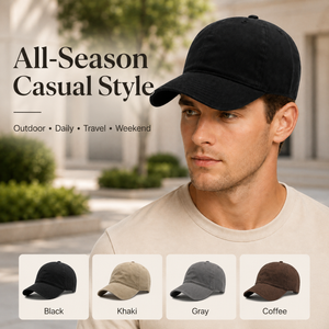 Male model wearing black outdoor casual baseball cap for all-season daily travel and weekend style.
