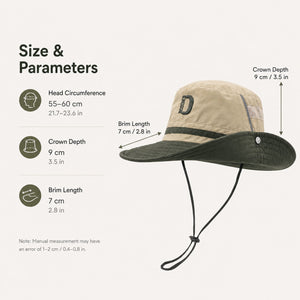 Size and parameters image for outdoor hiking bucket hat showing 55–60 cm head circumference, 9 cm crown depth and 7 cm brim length.