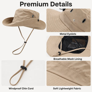 Outdoor sun hat premium details showing metal eyelets, breathable mesh lining, windproof chin cord, and soft lightweight fabric.