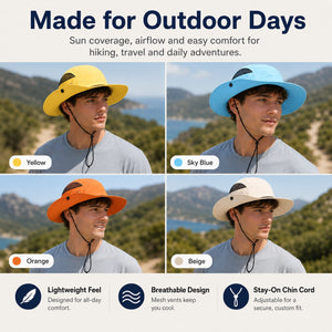 Four model photos showing yellow, sky blue, orange and beige outdoor sun protection hats for hiking and travel.
