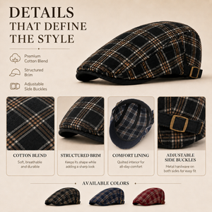 Vintage plaid ivy cap in black navy and wine red color options