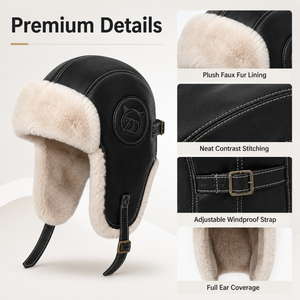 Plush winter aviator hat premium details showing faux fur lining, contrast stitching, adjustable windproof strap, and full ear coverage