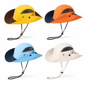 Four lightweight polyester sun hats on a white background in yellow, sky blue, orange and beige with chin cords.