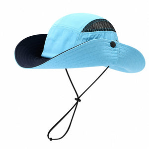 Sky blue outdoor sun protection bucket hat with wide brim, breathable mesh panel, and adjustable chin cord on a clean white background.