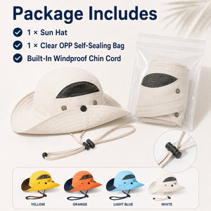 Package includes one beige sun hat, clear OPP self-sealing bag and built-in windproof chin cord.