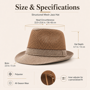Three breathable mesh fedora hats in Gray Khaki and Black on white background
