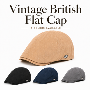 Khaki vintage British flat cap with black, navy and gray color options on a clean white background.