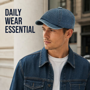Denim blue newsboy cap for daily wear with casual outfit styling