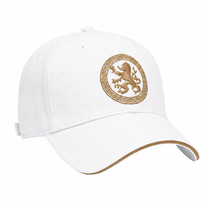 White men's baseball cap with gold lion badge, curved brim, and clean classic style on a white background.
