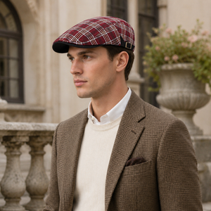 Wine red vintage British plaid flat cap with adjustable side buckle