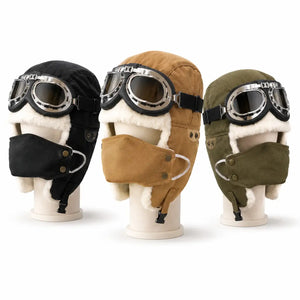 Black olive and khaki winter outdoor aviator hats with detachable goggles and face cover