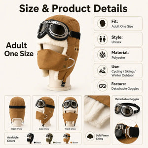 Unisex fleece lined winter hat with goggles for cycling skiing and cold weather outdoor wear