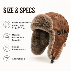Men’s winter trapper hat size and specs with 55–60 cm adjustable fit and PU leather plus polyester material.