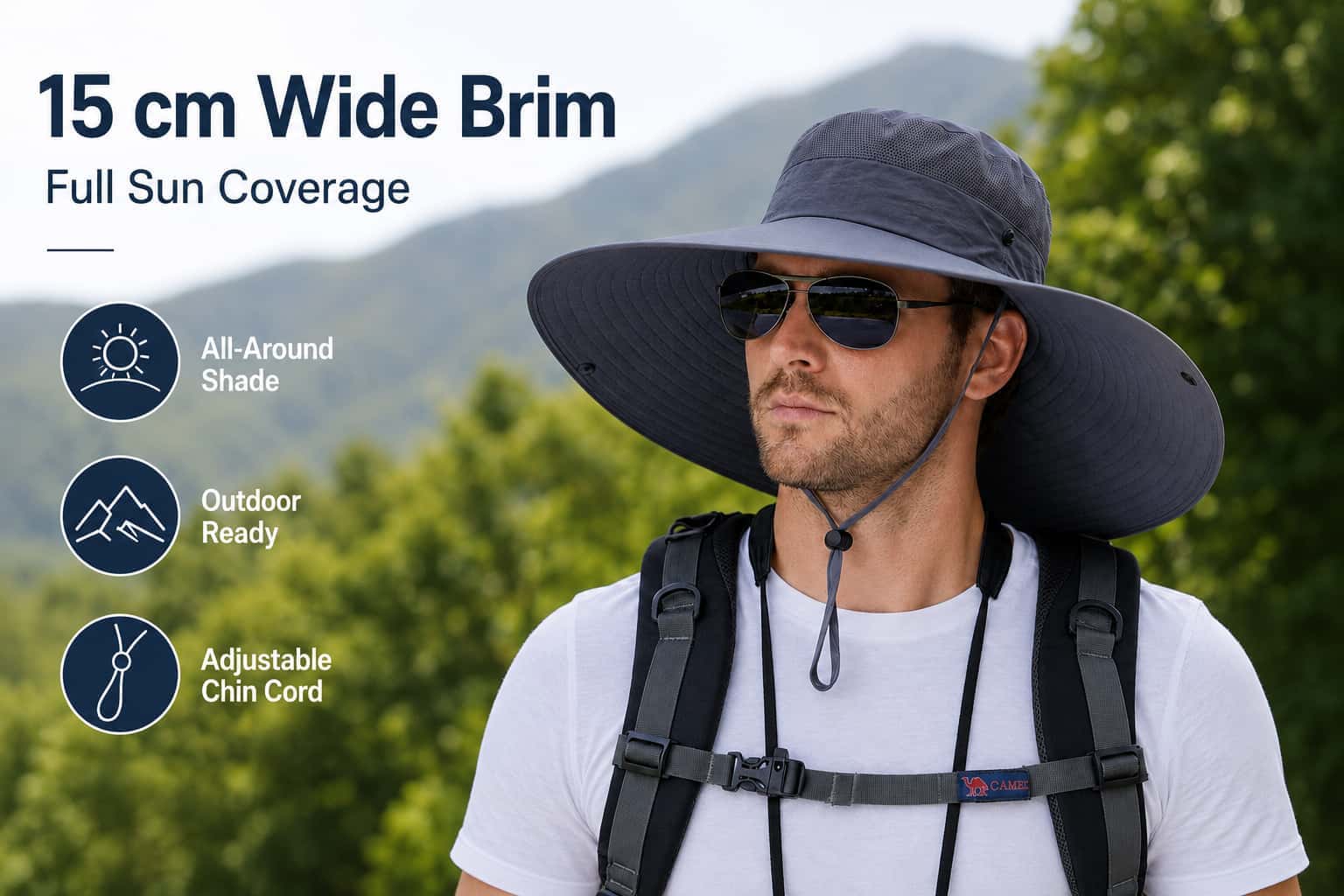 Man wearing a gray 15 cm wide brim sun hat with adjustable chin cord for hiking, travel, and outdoor shade.