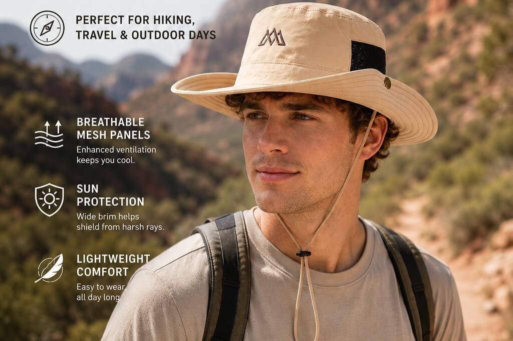 Man wearing a khaki outdoor bucket hat with breathable mesh panels and chin cord while hiking in a sunny mountain landscape.