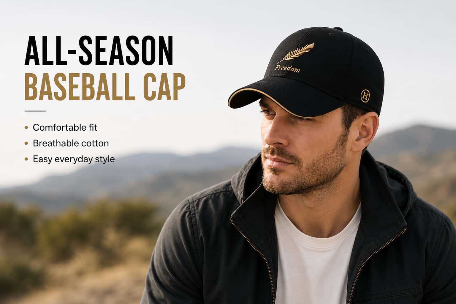 Man wearing a black embroidered baseball cap with gold detail for all-season everyday casual style.