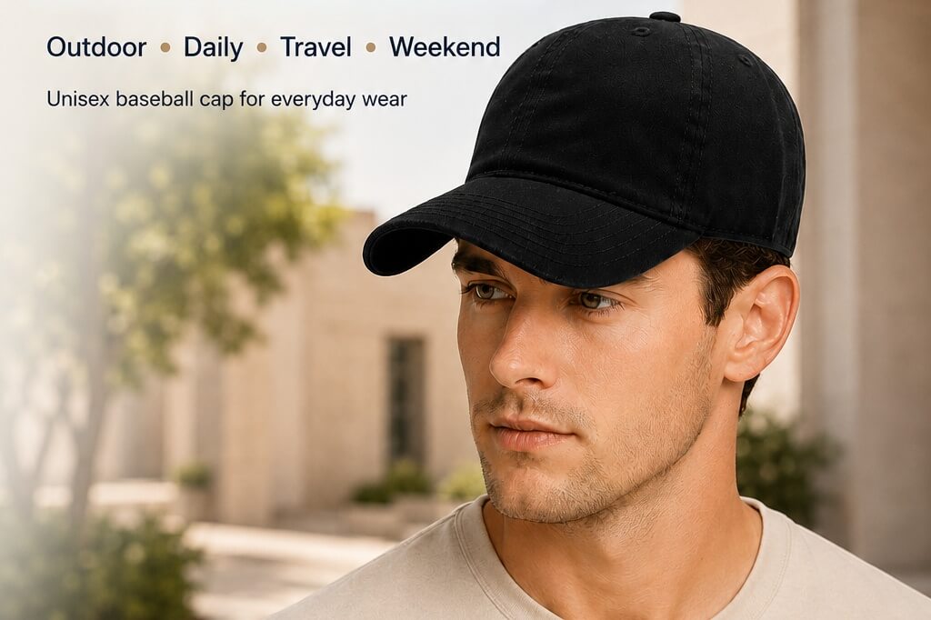 Man wearing a black casual baseball cap with black, khaki, gray, and coffee color options for outdoor, daily, travel, and weekend wear.