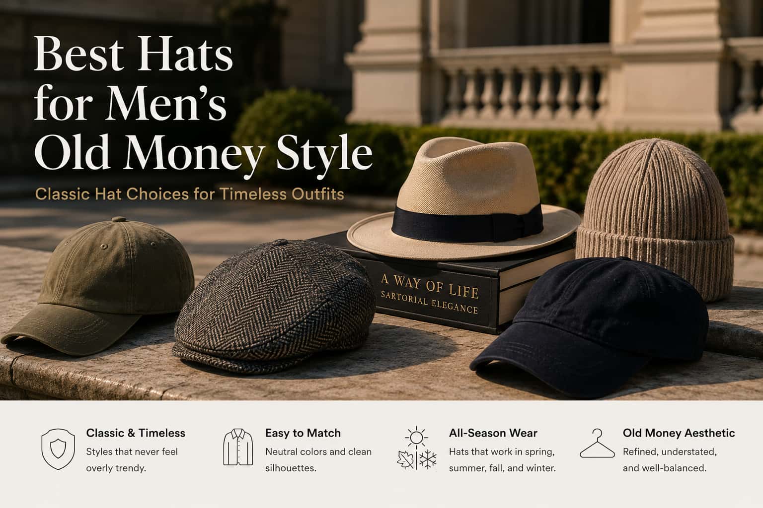 Classic men's hats arranged in an old money style setting with flat cap, baseball cap, sun hat, and winter hat