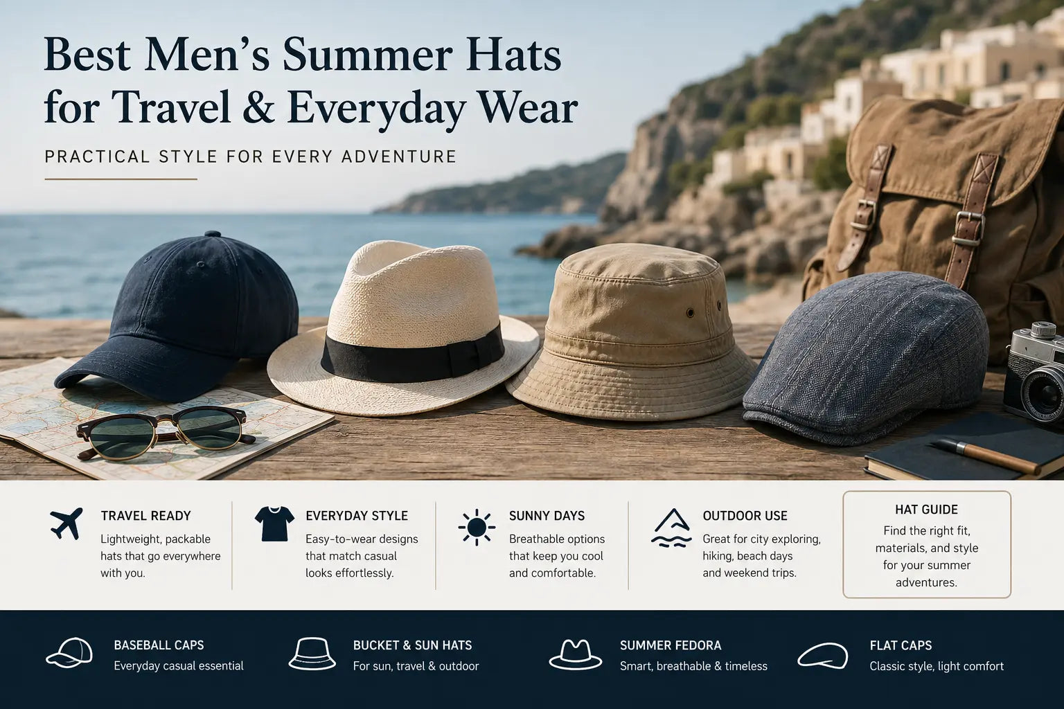 Men’s summer hats for travel and everyday wear, including a baseball cap, bucket hat, and sun hat in a clean outdoor lifestyle scene.
