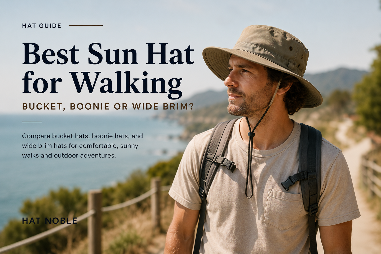 Three walkers wearing a bucket hat, boonie hat, and wide-brim sun hat on a bright coastal walking path.