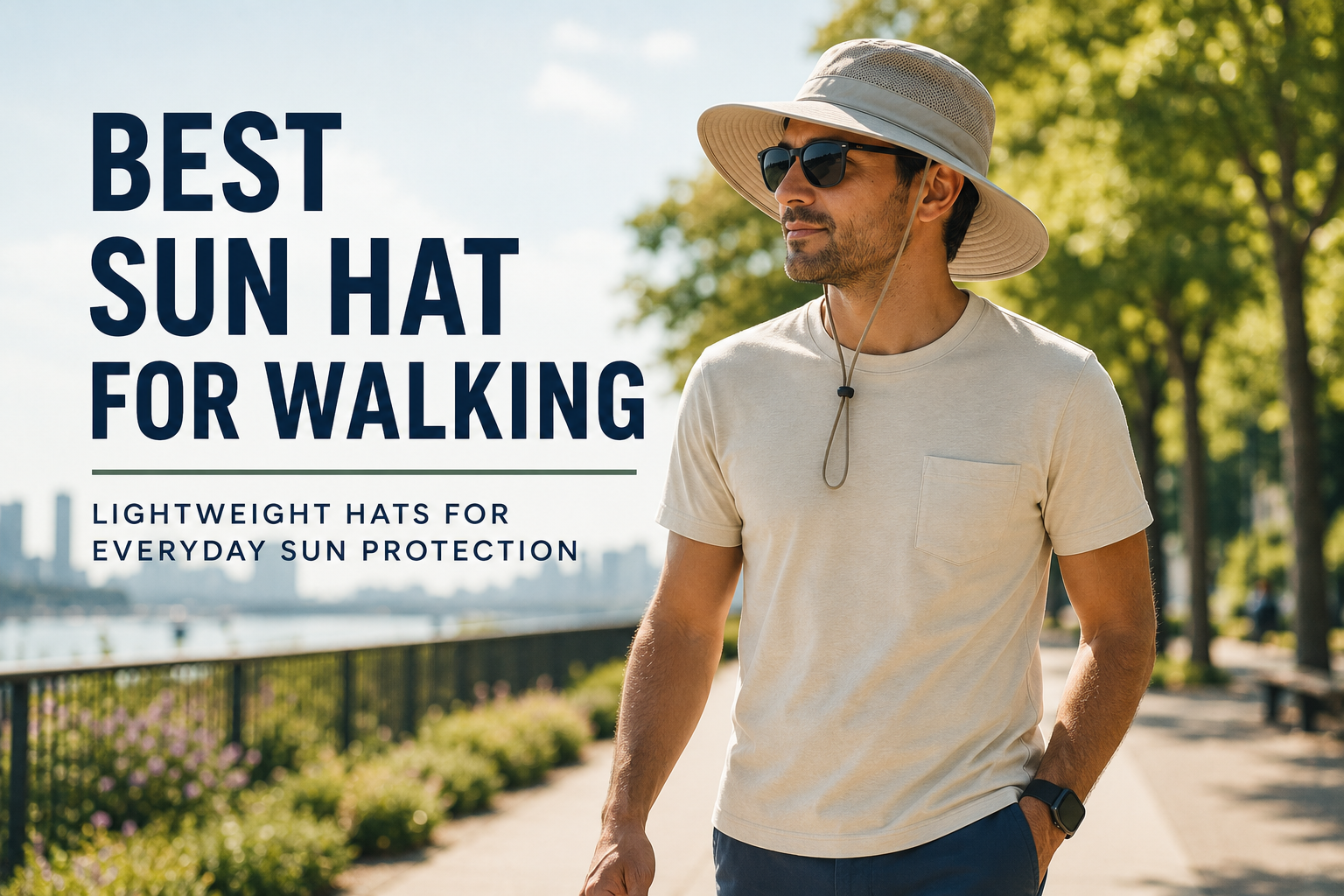 Adult man wearing a lightweight sun hat for walking along a bright city park path in comfortable neutral clothing.