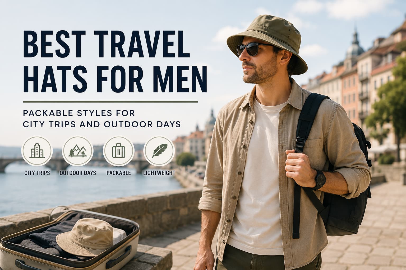 Man wearing a khaki travel hat with neutral clothing and a backpack beside a sunny European-style waterfront.