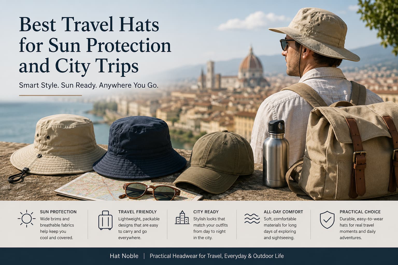 Travel hats for sun coverage and city trips, including a baseball cap, bucket hat, and wide-brim sun hat in a clean lifestyle scene.