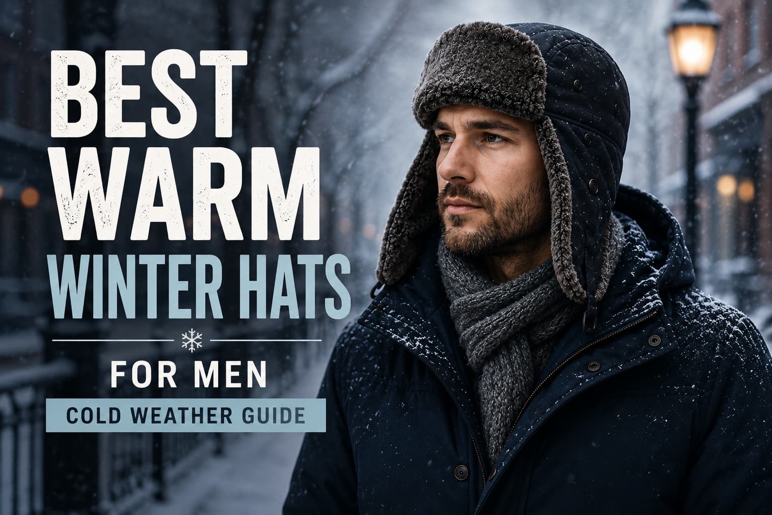 Man wearing a black earflap winter hat and dark coat on a snowy city street for a cold weather guide