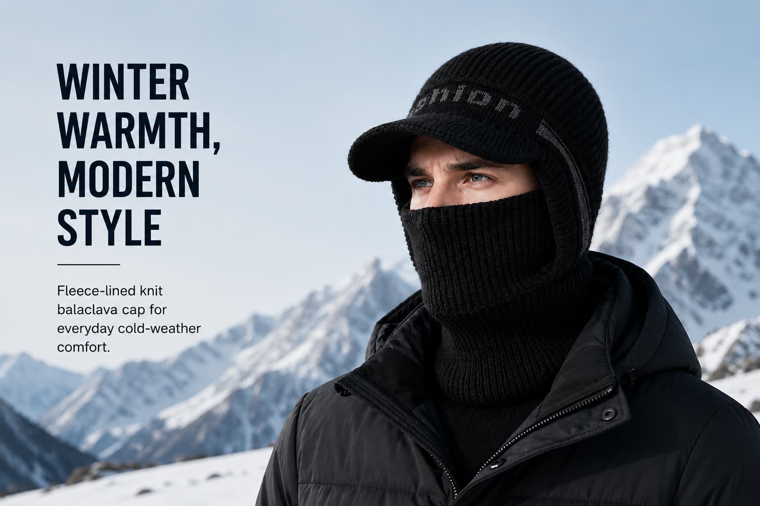 Man wearing a black ribbed-knit brimmed balaclava hat with face and neck coverage in a snowy mountain setting.