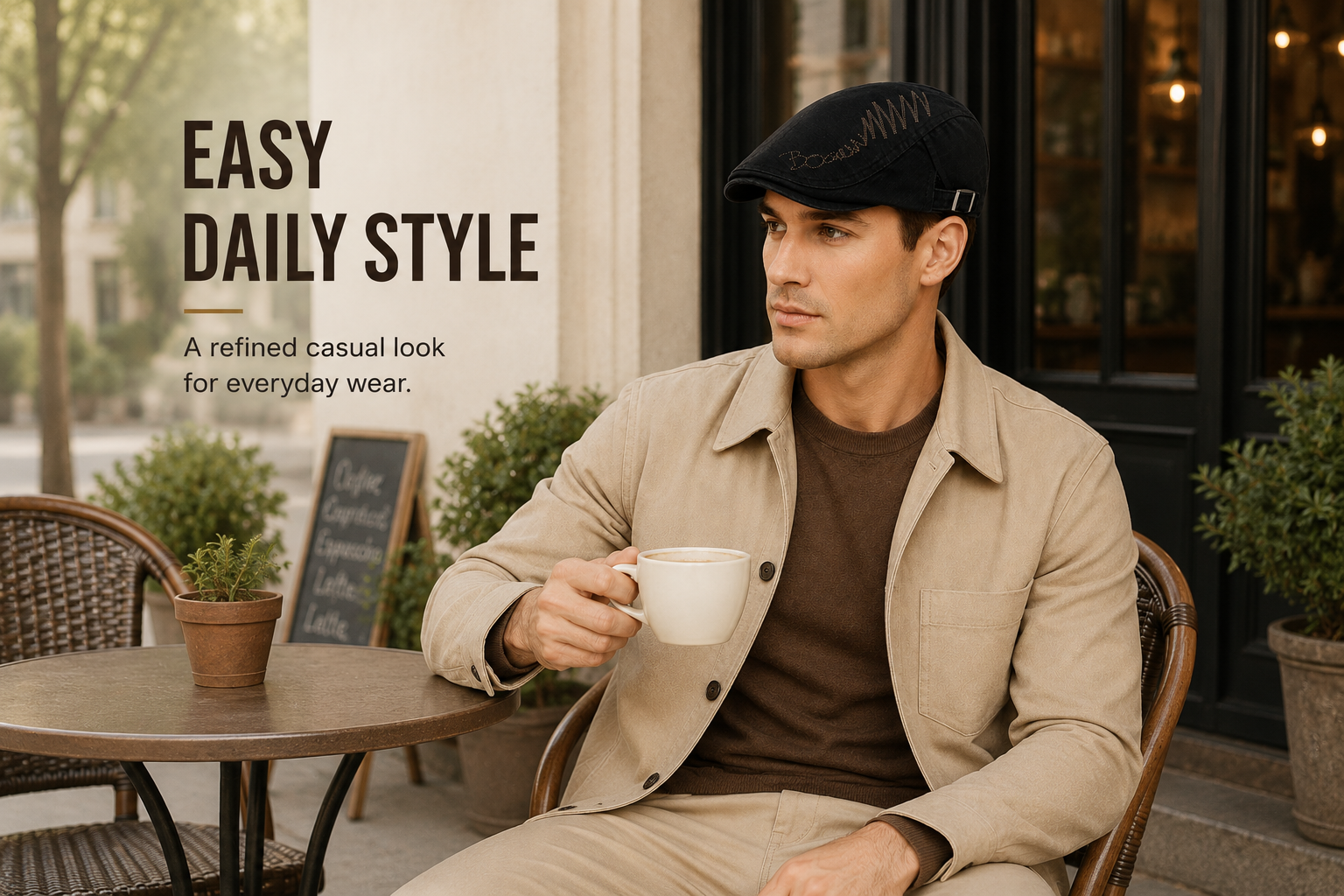 Man wearing a black flat cap with a beige jacket for easy daily smart casual style.
