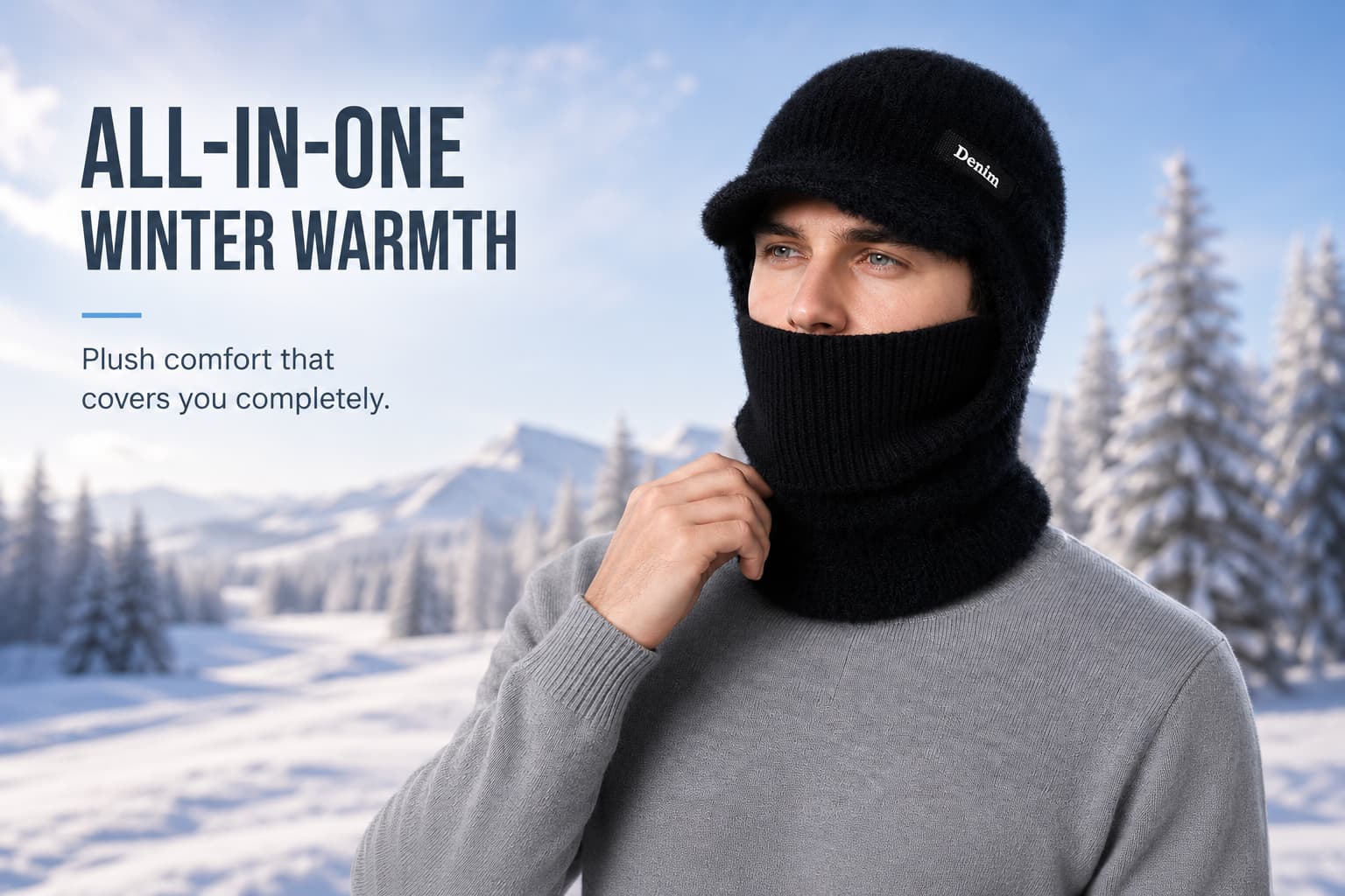 Man wearing a black plush winter earflap baseball cap with face and neck coverage in a snowy mountain setting.