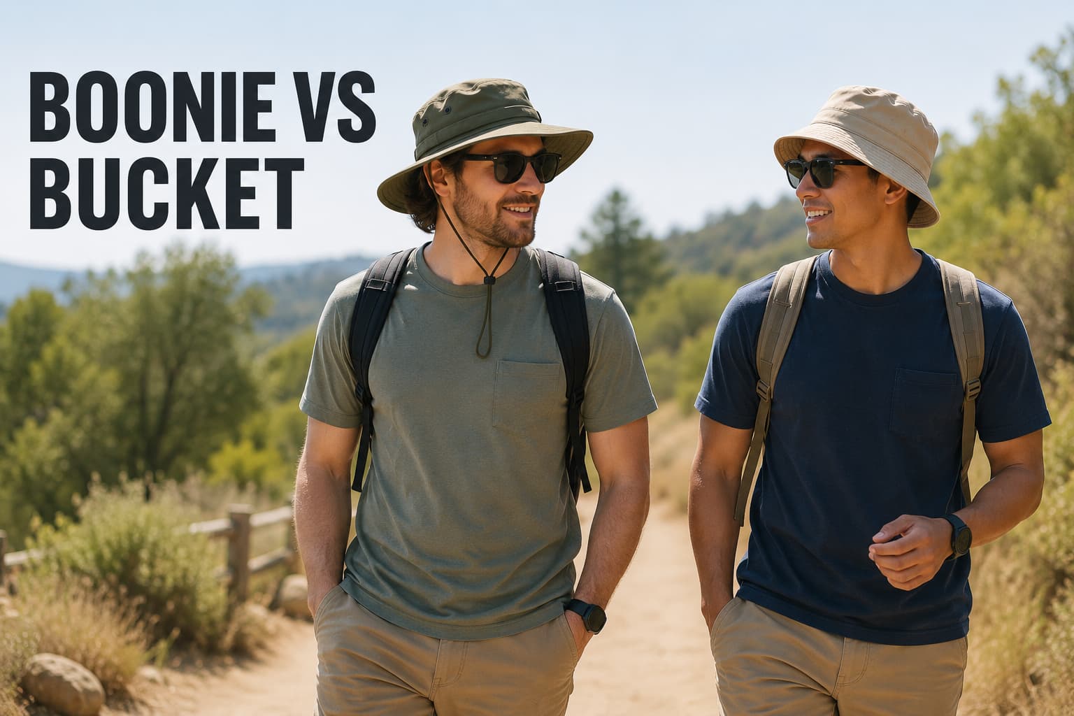 Two men wearing a green boonie hat and beige bucket hat on a sunny hiking trail
