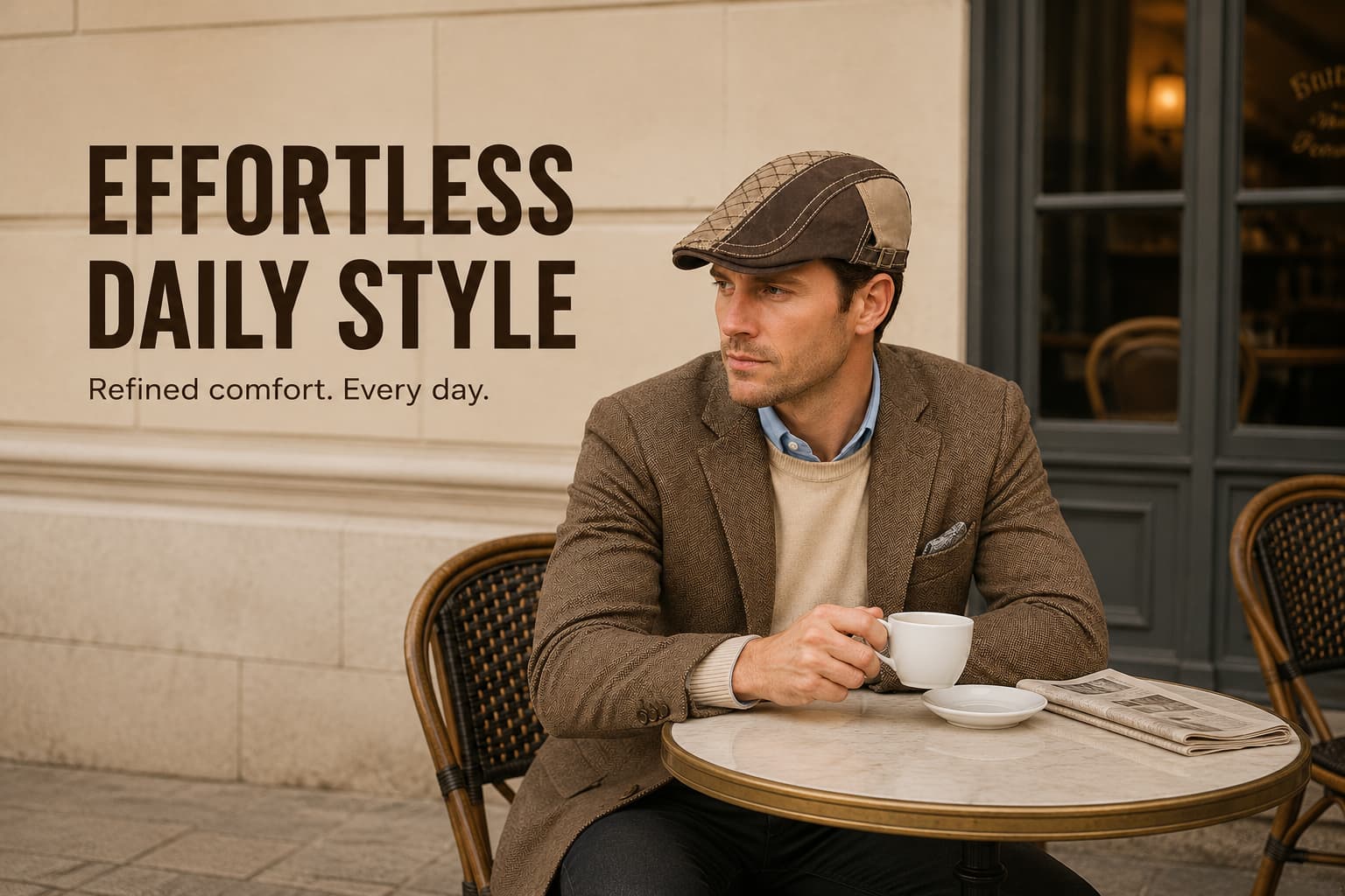 Man wearing a brown patchwork flat cap with a textured blazer for effortless daily smart casual style.