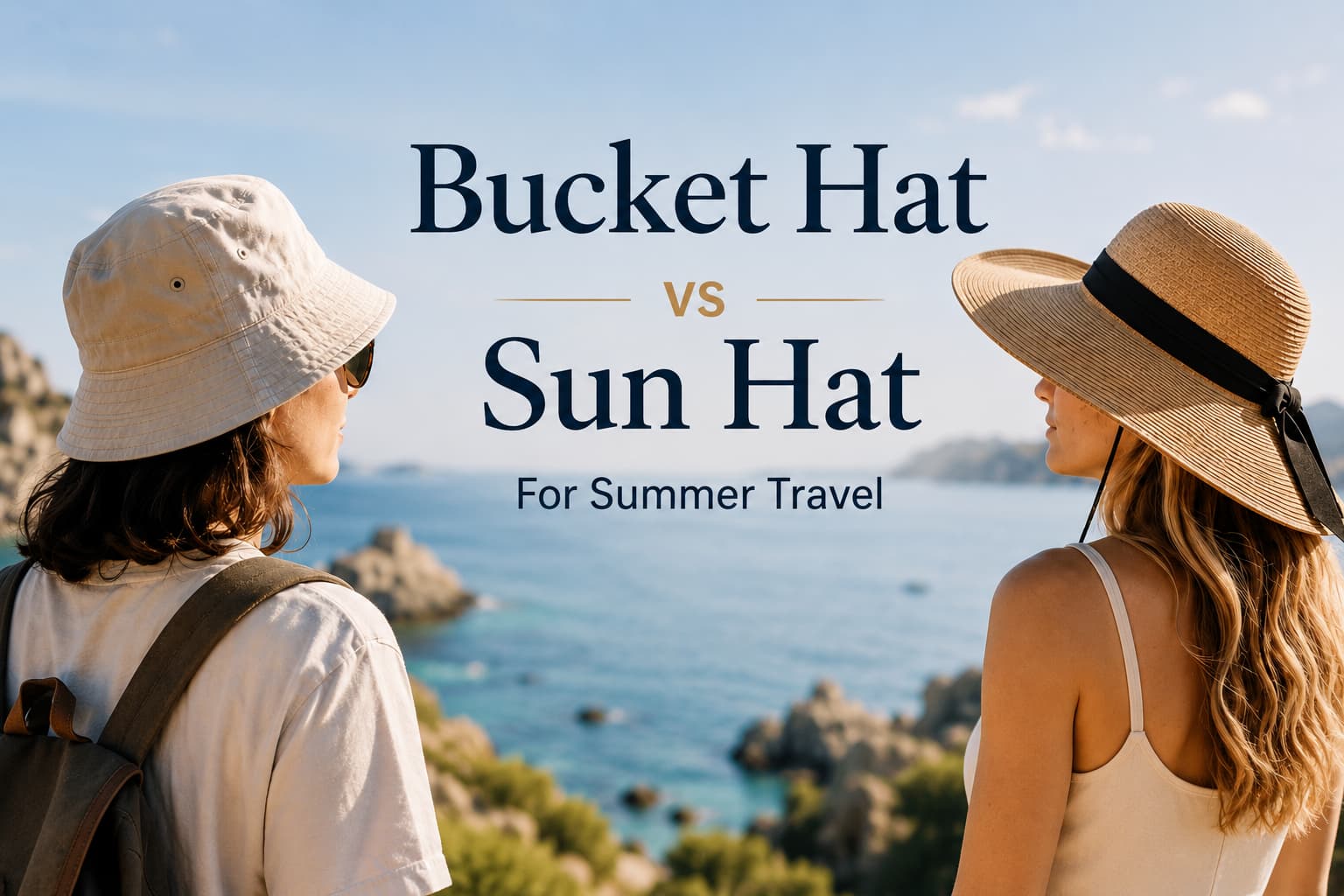 Bucket hat and sun hat styled for summer travel with beach and city trip essentials in a clean editorial scene.