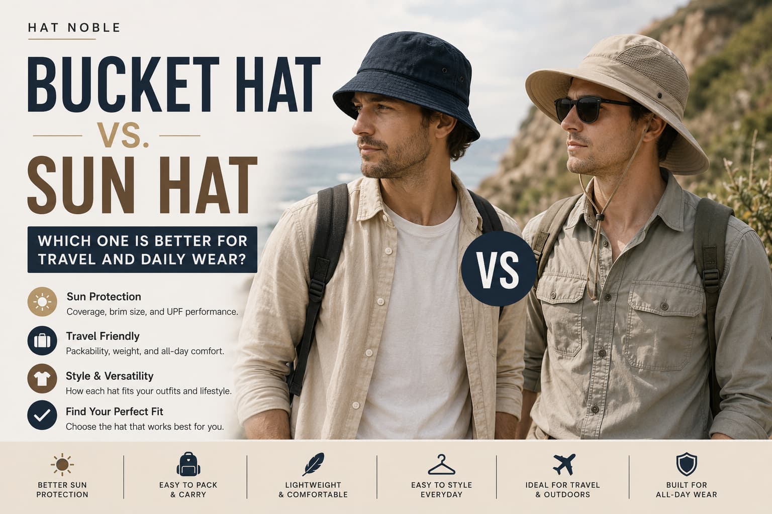 Two travelers wearing a bucket hat and sun hat outdoors in a bucket hat vs sun hat guide for travel and daily wear.