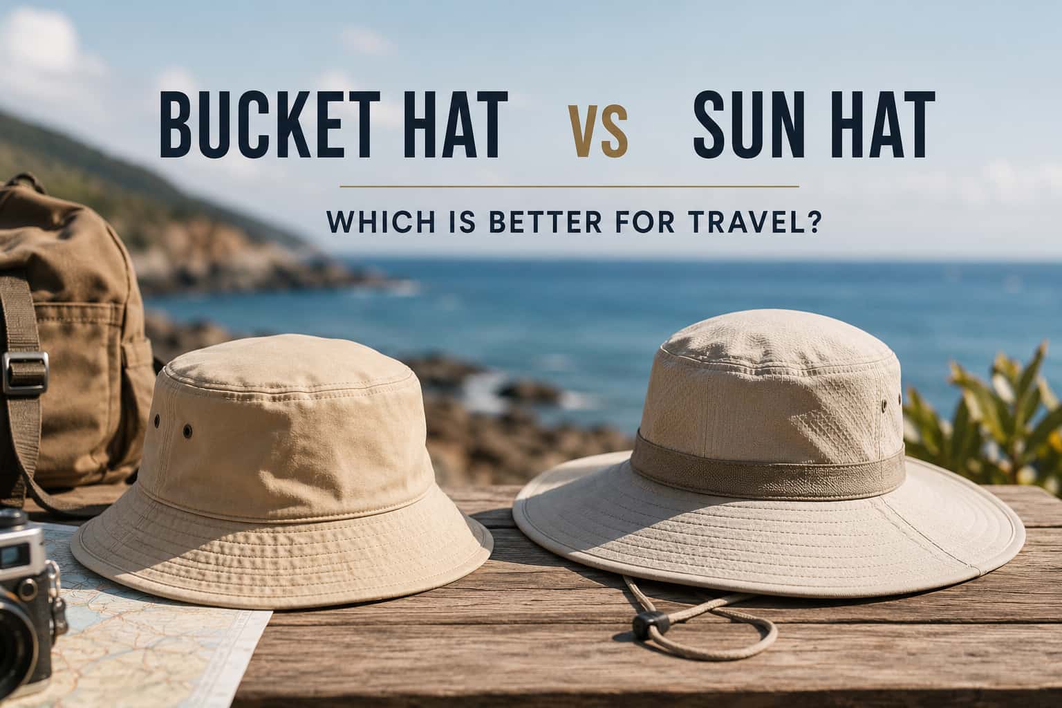 Bucket hat and sun hat arranged with travel accessories for a warm outdoor travel style guide