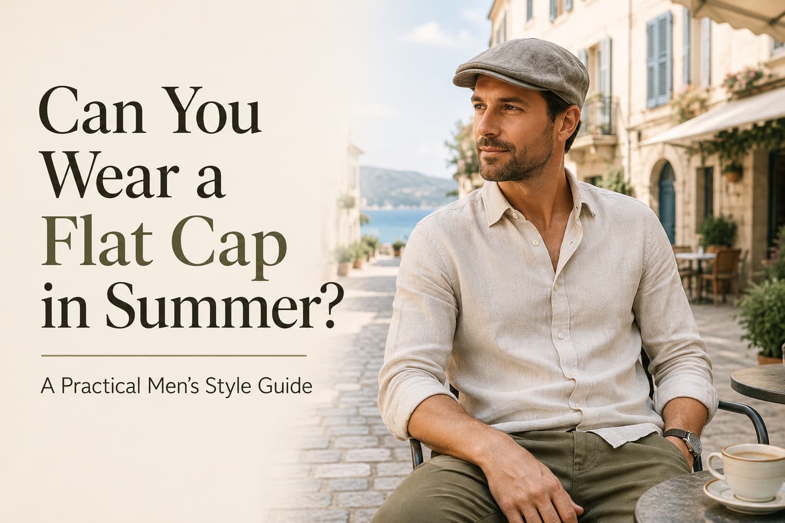Man wearing a lightweight flat cap in summer with a linen shirt, chinos, and loafers in a smart casual outfit.